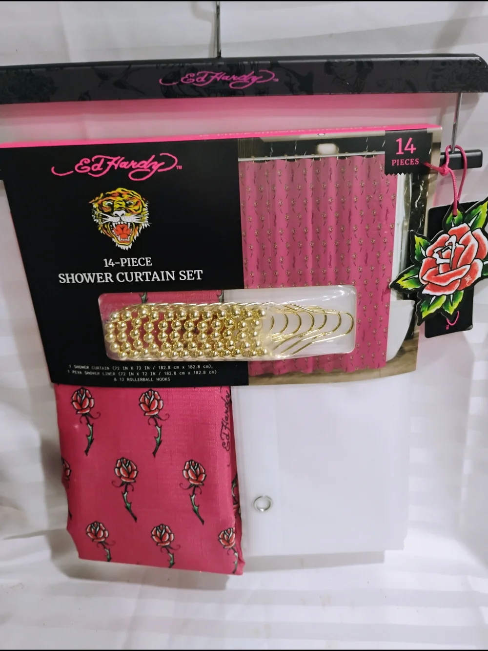 Ed Hardy Pink Rose Shower Curtain Set with Gold Rings